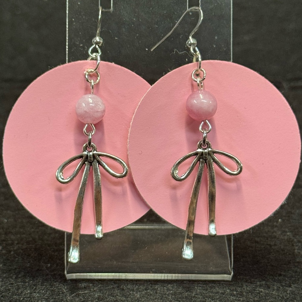 Pink and Silver Bow Faux Leather Earrings
